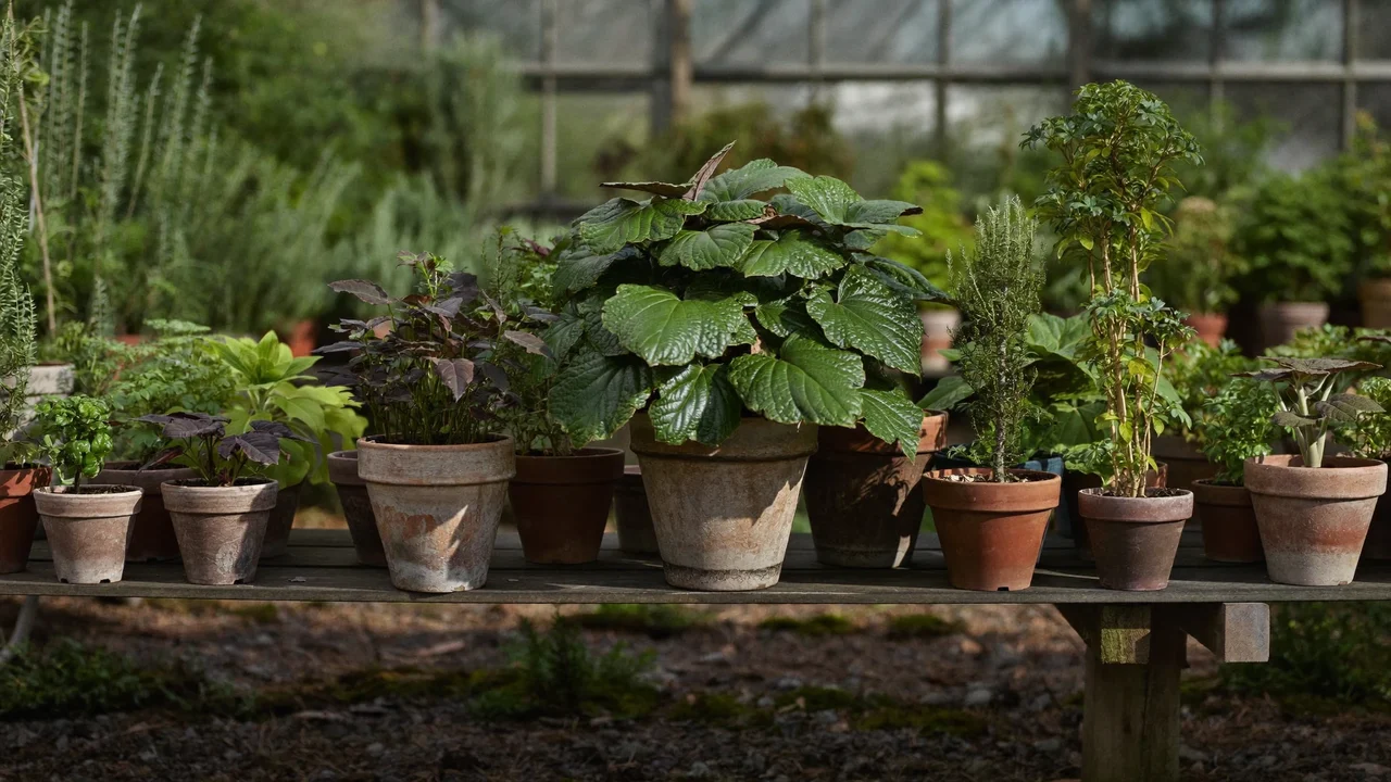 Illustrative nursery bench of hardy perennials in terracotta pots in tidy rows
