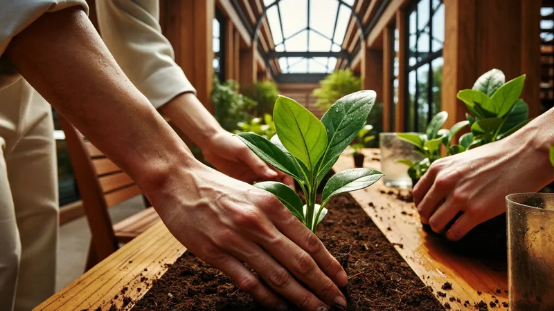 Illustrative group potting seedlings together at a long wooden table in a garden shed