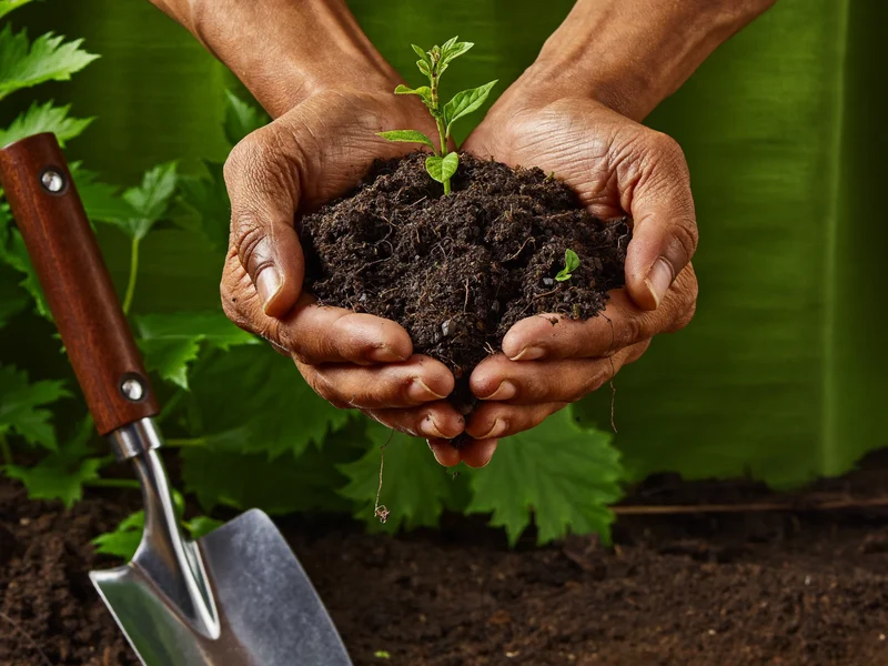 Illustrative close detail of hands holding fresh soil and a young seedling