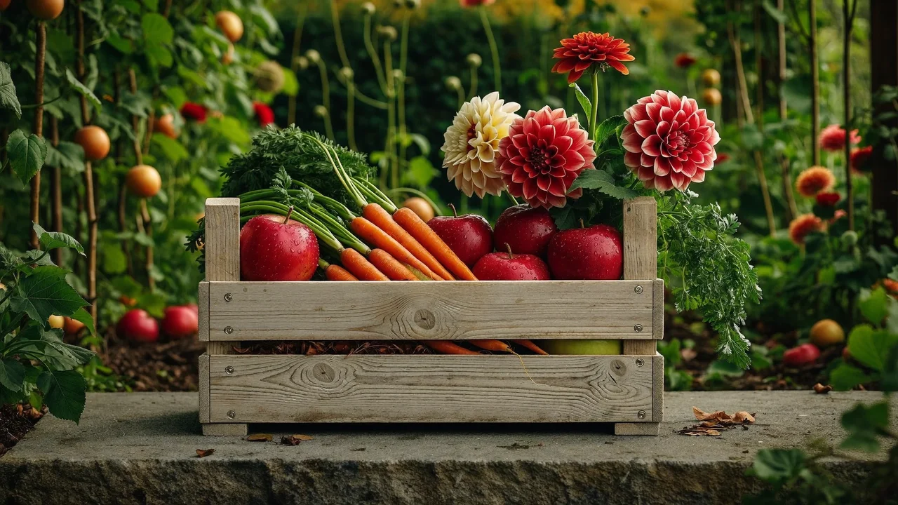 Illustrative autumn harvest crate of vegetables, apples and dahlias on a stone step