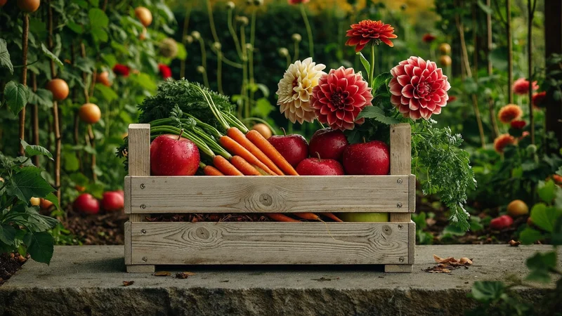 Illustrative autumn harvest crate of vegetables, apples and dahlias on a stone step